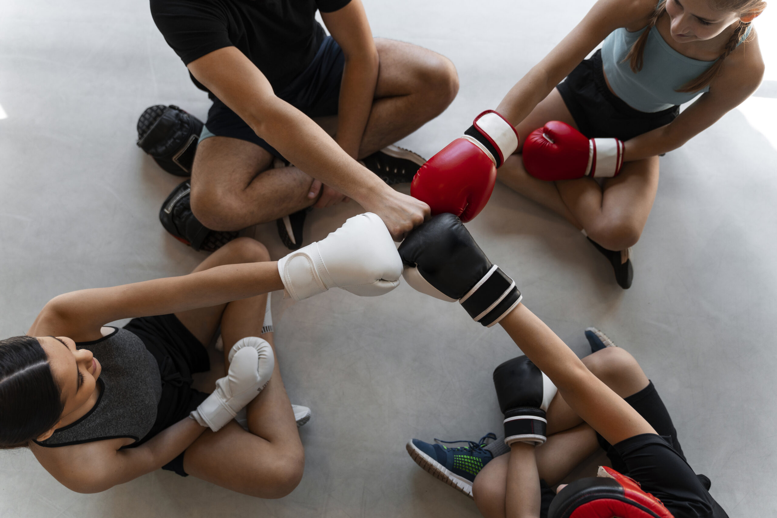 top view kids learning boxing